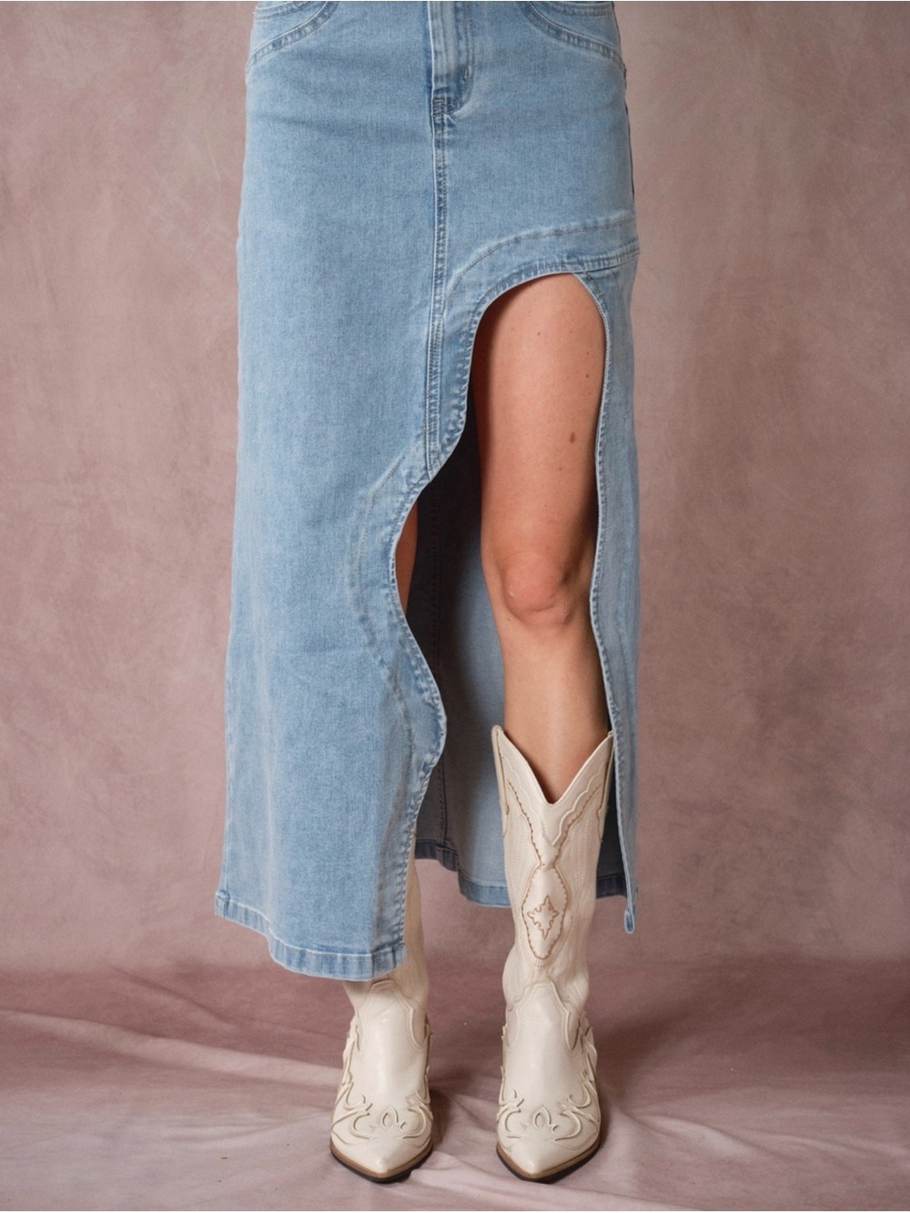 Rodeo Light Blue High-Slit Denim Maxi Skirt - Picture 4 of 11